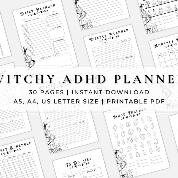 Witchy Planner Printable, Adhd Planner for Adults, Gothic journal Pages