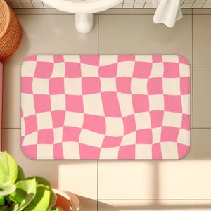 Tapis de bain à carreaux roses, tapis moderne rétro Mid-Century pour décoration intérieure de salle de bain, mignon minimaliste abstrait groovy, mousse à mémoire de forme antidérapante, séchage rapide