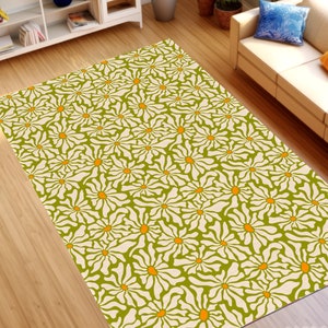 Groovy Flowers Area Rug, Indoor Outdoor Carpet, Hippie Retro Green Pattern Large Accent Mat, Colorful Mid Century Modern Unique Home Decor