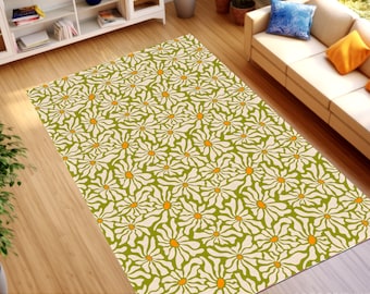 Groovy Flowers Area Rug, Indoor Outdoor Carpet, Hippie Retro Green Pattern Large Accent Mat, Colorful Mid Century Modern Unique Home Decor