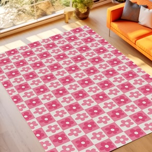 Pink Flower Checkered Area Rug, Cute Retro Botanical Boho Floral, Indoor Outdoor Carpet, Accent Mat, Colorful Mid Century Modern Home Decor