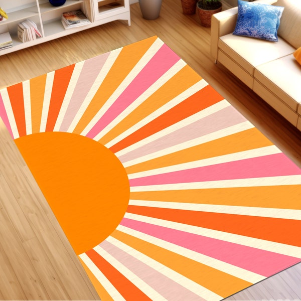 Retro Groovy Sun Rug, Mid Century Modern Rug, Colorful Sunburst Boho Home Decor, Indoor / Outdoor Rug, Large Accent Mat