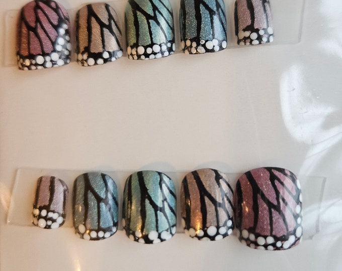 Rainbow Monarch Butterfly Press On Nails Set