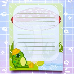 Cute Frog in Rain with Mushroom Memo Pad, Kawaii Cute Memo Pad, Froggy Notepad, Frog Mushroom Bullet Journal Stationery, Cottagecore Notepad