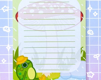 Cute Frog in Rain with Mushroom Memo Pad, Kawaii Cute Memo Pad, Froggy Notepad, Frog Mushroom Bullet Journal Stationery, Cottagecore Notepad