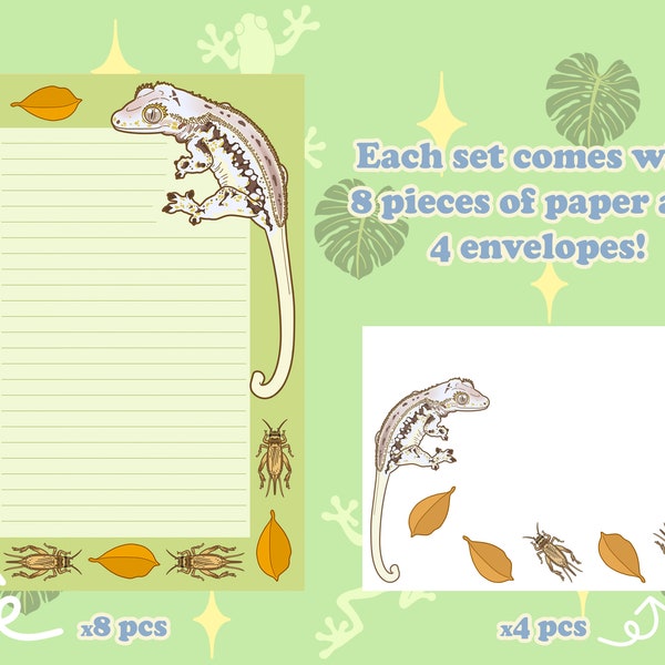 Reptile Stationery A5 Letter Set - Crested Gecko - Cute Kawaii Lizard Exotic Pet Themed Gift for Snail Mail and Pen Pal