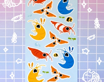 Cute Shrimp Colorful Stickers Sticker Sheet, Aquarium Shrimp Stickers Sheet Stationery, Shrimp Tank Stickers for Journal Notebook Planner