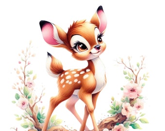 May include: A watercolor illustration of a cute fawn with brown fur and white spots standing on a branch with pink flowers. The fawn has large brown eyes and a pink nose.