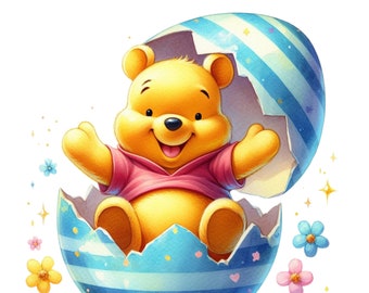 May include: A yellow cartoon bear wearing a pink shirt sits inside a blue and white striped Easter egg. The egg is cracked open and the bear is smiling. There are small pink, blue, and yellow flowers scattered around the egg.