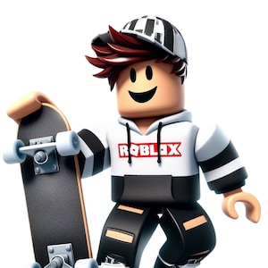 May include: A 3D cartoon character wearing a white and black striped hoodie with the word "ROBLOX" in red on the front. The character is wearing a black and white baseball cap, black trousers, and black and white trainers. The character is holding a black skateboard with white wheels.