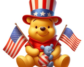 4th of July.  Independence day.  Winnie the Pooh png. Set of 9 high resolution images. Instant digital download. Png format.