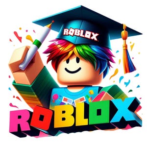 May include: A colorful Roblox character illustration. The character wears a graduation cap with the Roblox logo and has rainbow hair. The image includes the word "ROBLOX" in large, colorful letters and a marker.