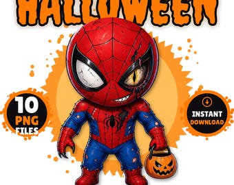 Spider Halloween PNG Bundle 10 Images, Superhero Halloween Design, Pumpkin Spooky Season, Kids Boy Shirt, Sublimation Digital File