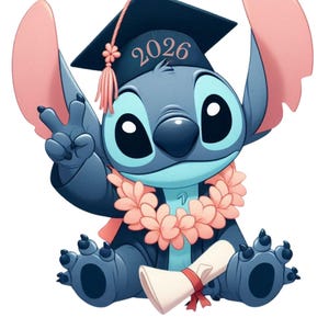 May include: A blue cartoon character, wearing a graduation cap with "2026" on it, a flower lei, and holding a diploma. The character is making a peace sign with one hand and is sitting down. The image has a white background.
