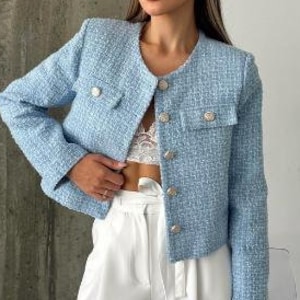 Blue tweed coat ladies clearance