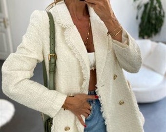 White Tweed Blazer Women, Cream Tweed Jacket 36, Tweed Jacket Korean, Double Breasted Blazer,Wool Blazer,Luxury Blazer, Tassel Blazer