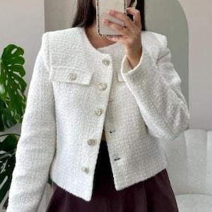 White Tweed Jacket Women, Cream Tweed Blazer Women, Beige Tweed Short Coat Jacket, Wool Blazer, Cropped Tweed Blazer, Elegant Blazer
