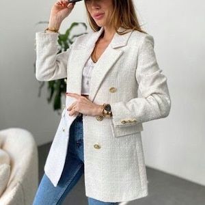 Cream Tweed Blazer Women, White Long Tweed Jacket 36,Tweed Jacket Korean, Boucle Jacket ,Wool Blazer,Luxury Blazer, Oversized Blazer
