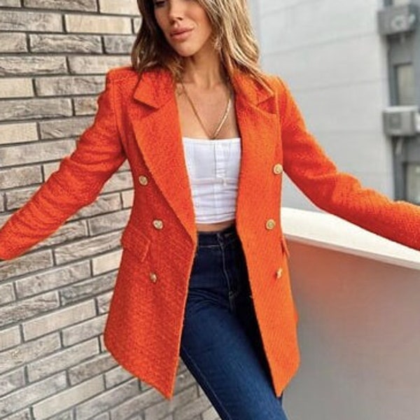 Orange Tweed Blazer Women, Long Tweed Jacket 36, Tweed Jacket Korean, Double Breasted Blazer,Wool Blazer,Luxury Blazer, Oversized Blazer