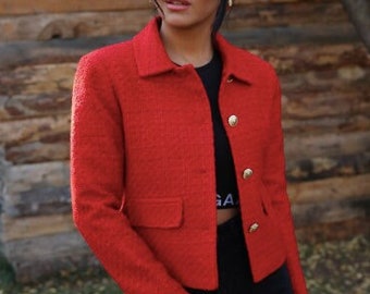Vintage PAUL BRIAL Chanel Style Red Tweed Jacket Formal -  België