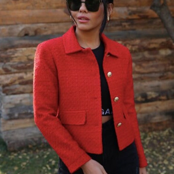 Chaqueta de tweed roja para mujer, Blazer de tweed de otoño para mujer, chaqueta de abrigo corto de tweed, blazer de lana, blazer de tweed recortado, blazer elegante, regalos para ella