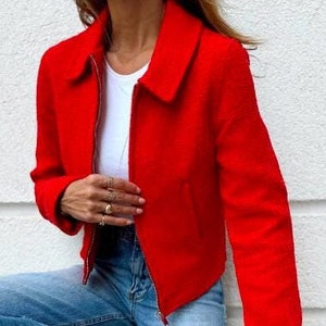 Red Tweed Jacket Women, Red Bomber Jacket, Tweed Short Coat Jacket, Wool Short Jacket, Cropped Tweed Jacket, Fall Jacket, Gifts for Her