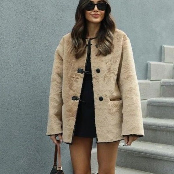 Camel Teddy Fur Coat Femmes, Manteau veste crème, Manteau en fausse fourrure, Manteau moelleux, Manteau en laine, Vêtements d’extérieur d’automne, Manteau en peau de mouton, Vente du vendredi noir