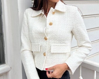 Beige Tweed Jacket Women, White Tweed Blazer Women, Tweed