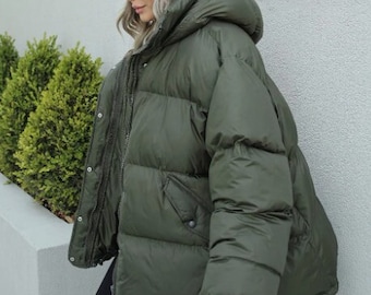 Khaki Daunenmantel Frauen, Daunenjacke, Loose Fit Mantel, Oversized Frauenmantel, gesteppte Oberbekleidung, Lose Ente Daunenjacke, Kapuzenjacke