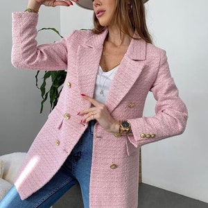 Rosa Tweed Jacke Frauen, Boucle Jacke, Langer Tweed Blazer, Boucle Langer Mantel, Oversized Blazer, Bild 1