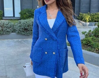 Blue Tweed Blazer Women, Boucle Blazer, Wool Jacket, Long Tweed Jacket , Tassel Tweed Jacket, Wool Blazer, Luxury Blazer, Gifts For Her