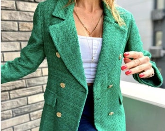 Green Tweed Jacket Women,Tweed Blazer Women, Wool Blazer,Double Breasted Blazer,Boucle Blazer,Fit Tweed Blazer,Elegant Blazer, Gifts for her