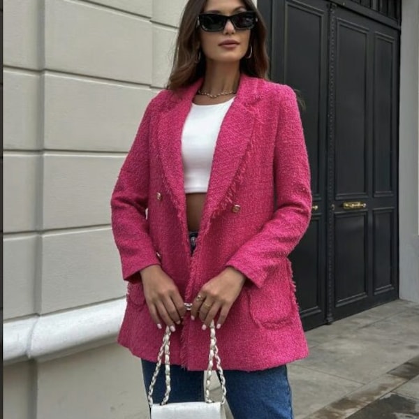 Pink Tweed Blazer Women, Boucle Blazer, Veste Femme en Laine, Long Tweed Jacket , Tassel Tweed Jacket, Wool Blazer, Luxury Blazer,