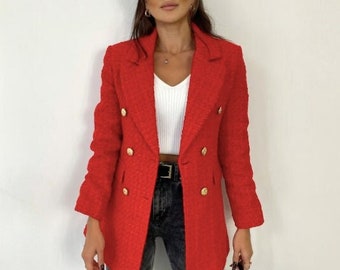 Giacca da donna in tweed rosso, giacca in bouclé, blazer lungo in tweed, cappotto lungo in bouclé, giacca coreana, blazer di lana, blazer di lusso, blazer oversize,