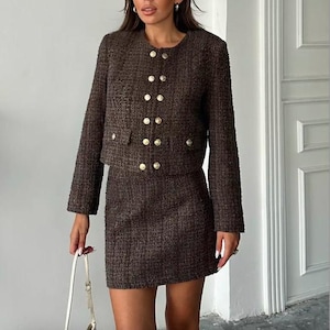 Brown Tweed Blazer Jacket and Skirt, Tweed Jacket Matching Skirt, Tweed Blazer Set, Two Piece Set, Tweed dress, Tweed Suit, Matching Set