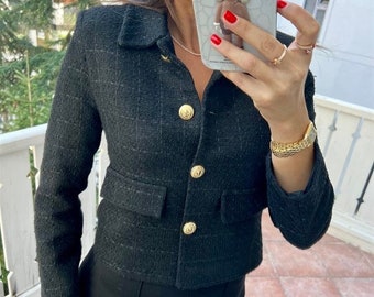 Black Tweed Jacket Women, Tweed Blazer Women, Tweed Short Coat Jacket, Wool Blazer, Cropped Tweed Blazer, Elegant Blazer, Gifts for Her