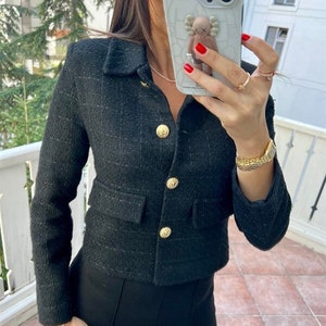 Black Tweed Jacket Women Tweed Blazer Women Tweed Short Coat Jacket Wool Blazer Cropped Tweed Blazer Elegant Blazer Gifts for Her