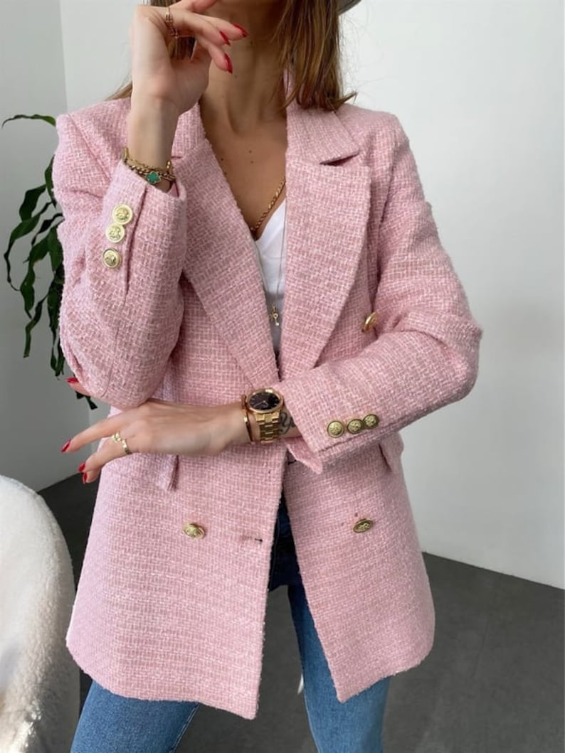 Rosa Tweed Jacke Frauen, Boucle Jacke, Langer Tweed Blazer, Boucle Langer Mantel, Oversized Blazer, Bild 5