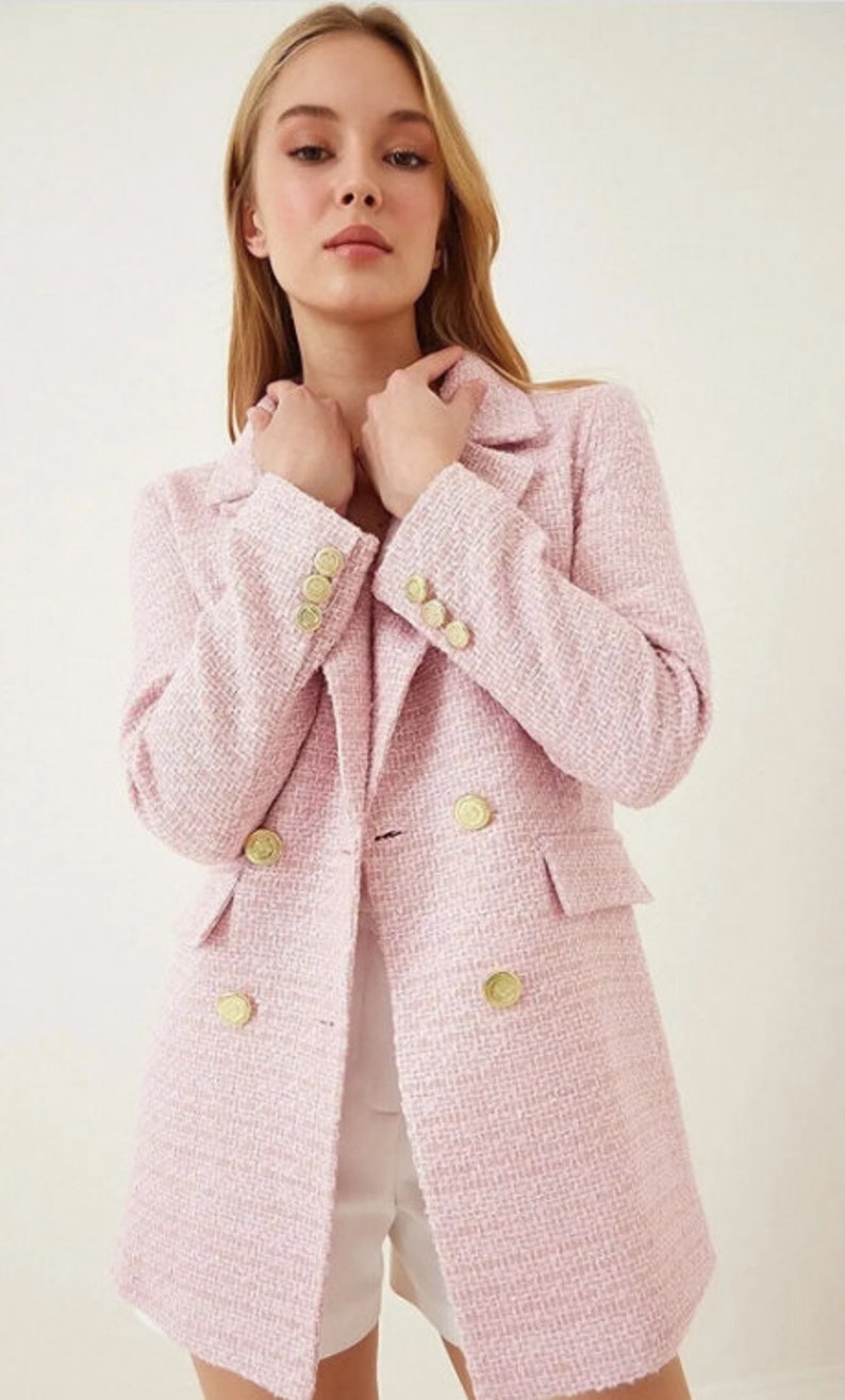 Rosa Tweed Jacke Frauen, Boucle Jacke, Langer Tweed Blazer, Boucle Langer Mantel, Oversized Blazer, Bild 9