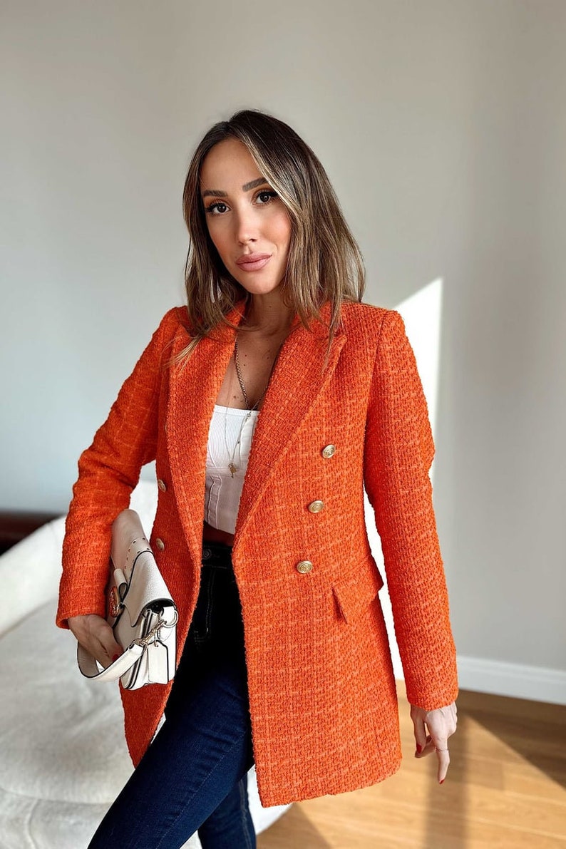 Orange Tweed Blazer Women, Long Tweed Jacket 36, Tweed Jacket Korean, Double Breasted Blazer