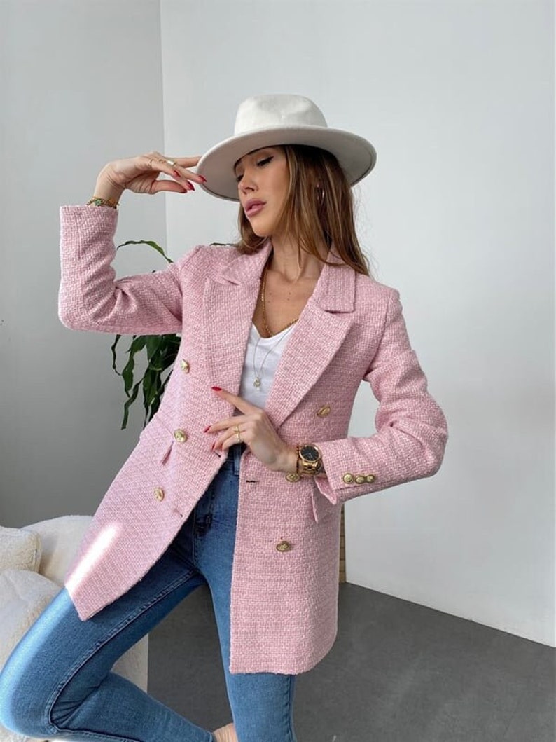 Rosa Tweed Jacke Frauen, Boucle Jacke, Langer Tweed Blazer, Boucle Langer Mantel, Oversized Blazer, Bild 1