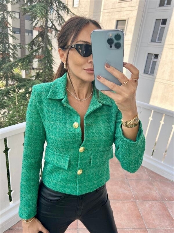 Green Tweed Blazer Jacket Women, Korean Jacket, Tweed Short Green Tweed Blazer Jacket Women, Korean Jacket, Tweed Short