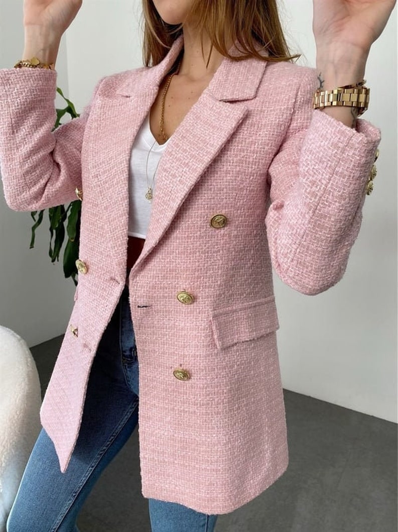 Rosa Tweed Jacke Frauen, Boucle Jacke, Langer Tweed Blazer, Boucle Langer Mantel, Oversized Blazer, Bild 2