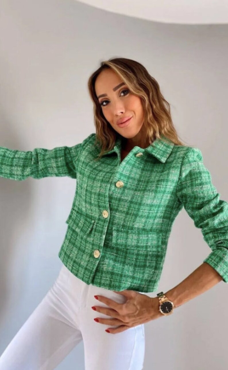 Green Tweed Jacket Women, Boucle Blazer, Korean Jacket, Plaid Blazer