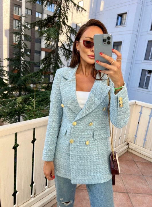 Blue Tweed Jacket Women, Boucle Tweed Blazer, Tweed Jacket Korean