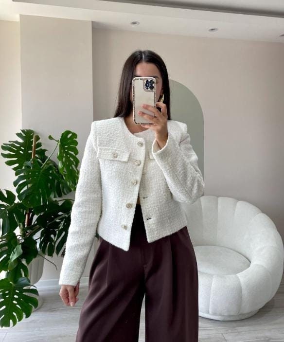 ★GENERAL IDEA★ WOMAN wool knit tweed jacket [IVORY] / WBD3 White Tweed Jacket Women, Cream Tweed Blazer Women, Beige