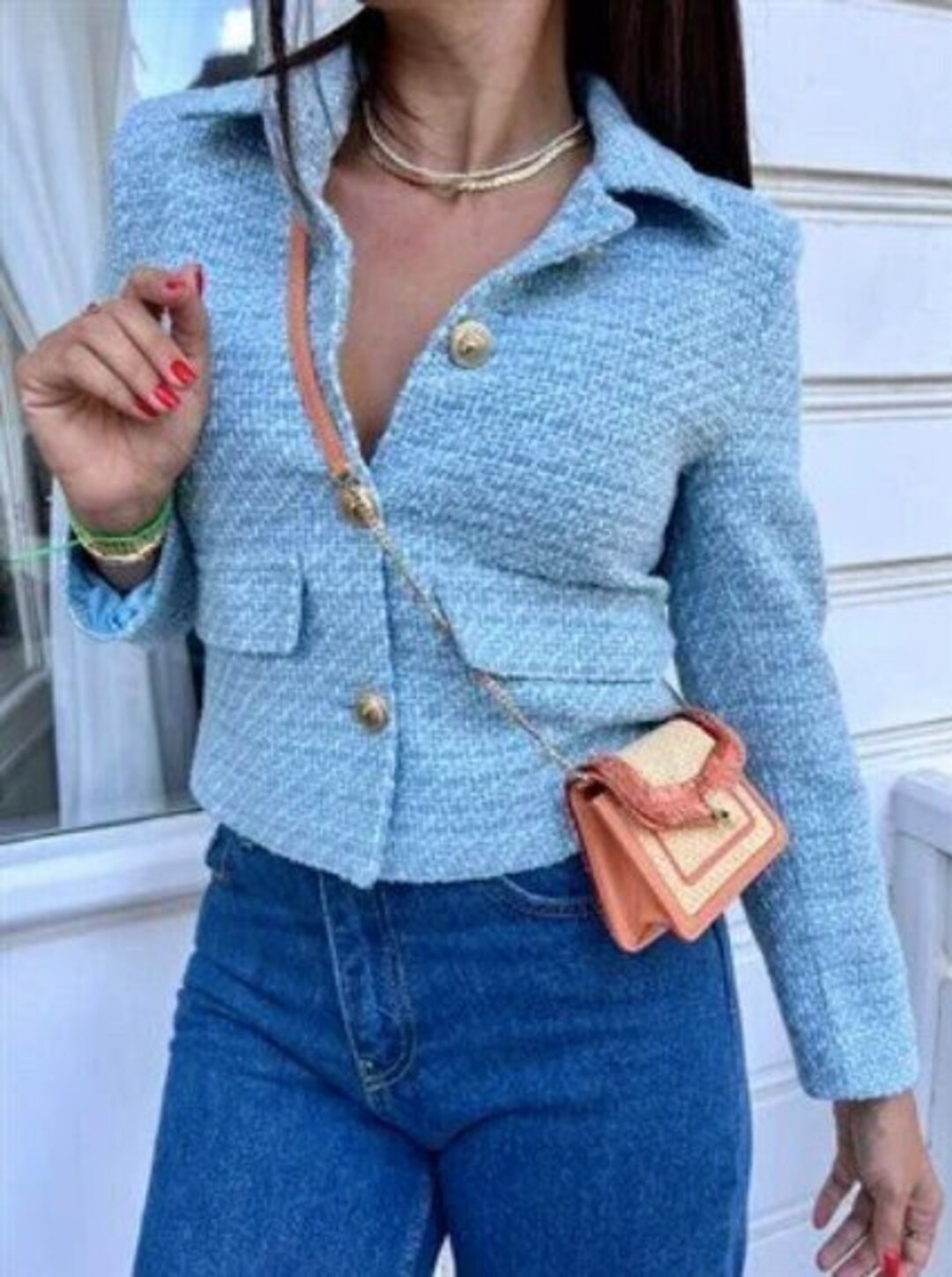 Blue Tweed Jacket Women, Tweed Blazer Women, Tweed Short Coat Jacket