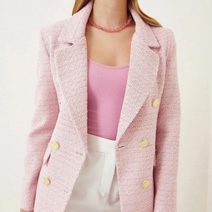 Rosa Tweed Jacke Frauen, Boucle Jacke, Langer Tweed Blazer, Boucle Langer Mantel, Oversized Blazer, Bild 10