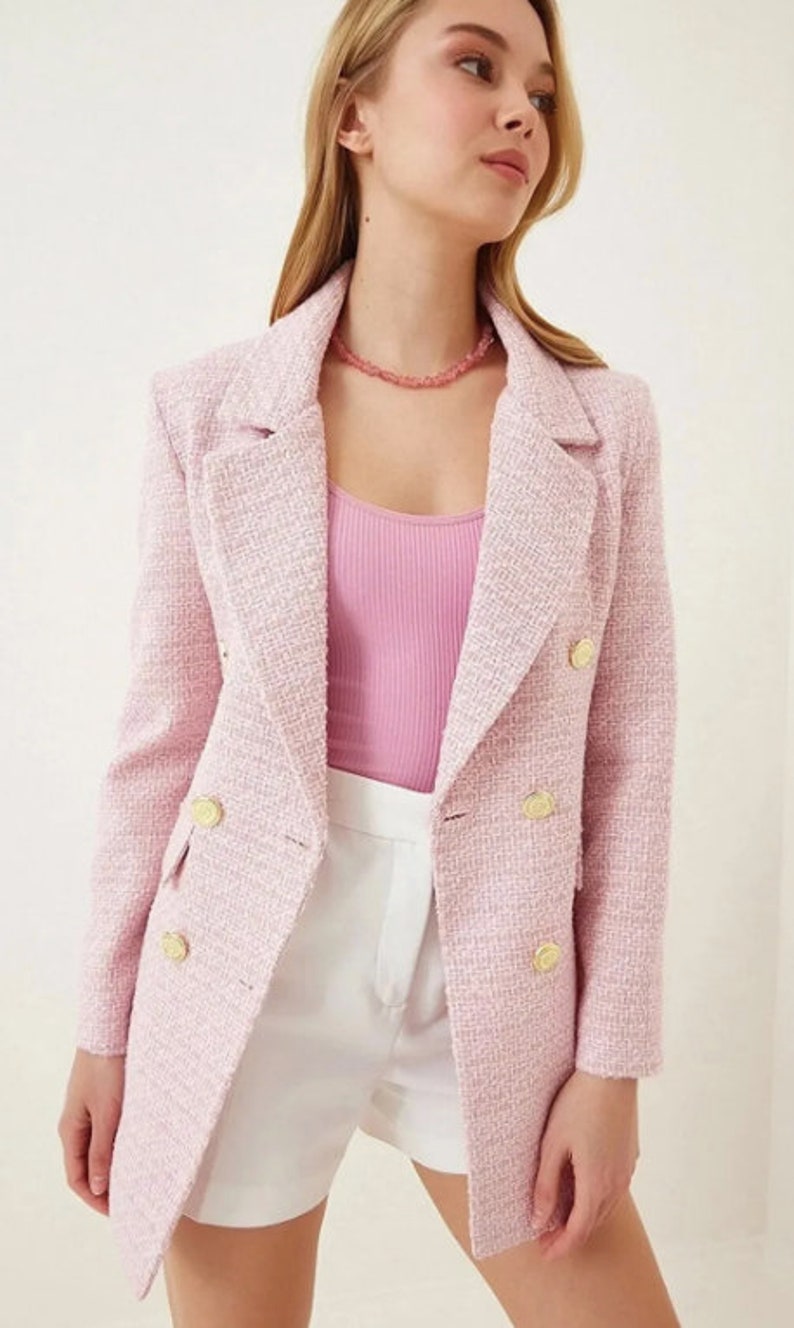 Rosa Tweed Jacke Frauen, Boucle Jacke, Langer Tweed Blazer, Boucle Langer Mantel, Oversized Blazer, Bild 10