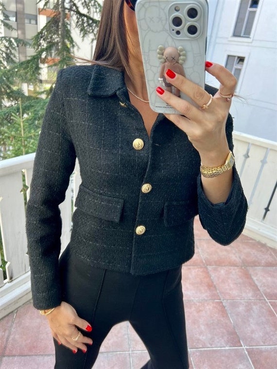 Black Tweed Jacket Women Tweed Blazer Women Tweed Short Coat - Etsy